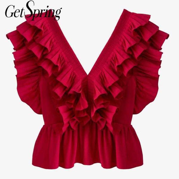 

getspring women blouse shirt v-neck ruffles vintage red women's summer blouses all match sleeveless female 210601, White