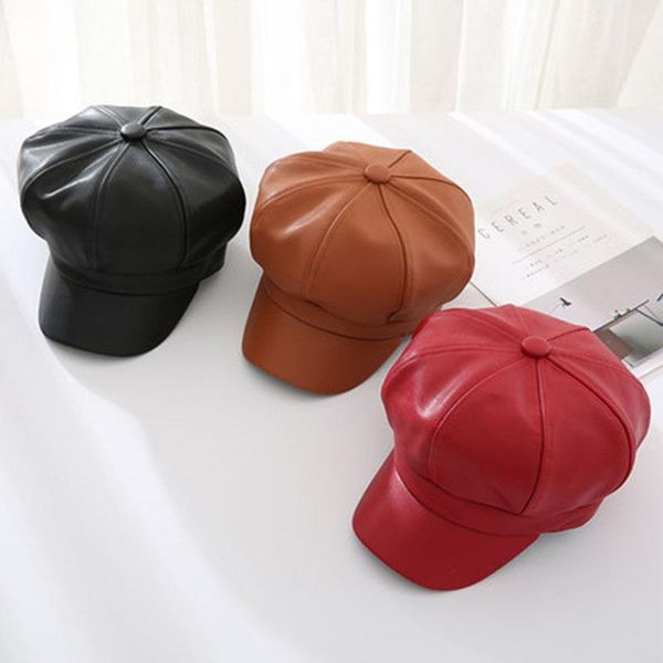 

men women pu leather beret cap painter hat solid color retro for autumn winter als88 outdoor hats, Black;white
