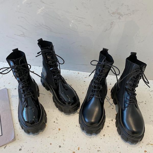 

boots round toe white ankle flat heel brand women's shoes boots-women lace up low med fashion 2021 lolita autumn rock ladies cot, Black