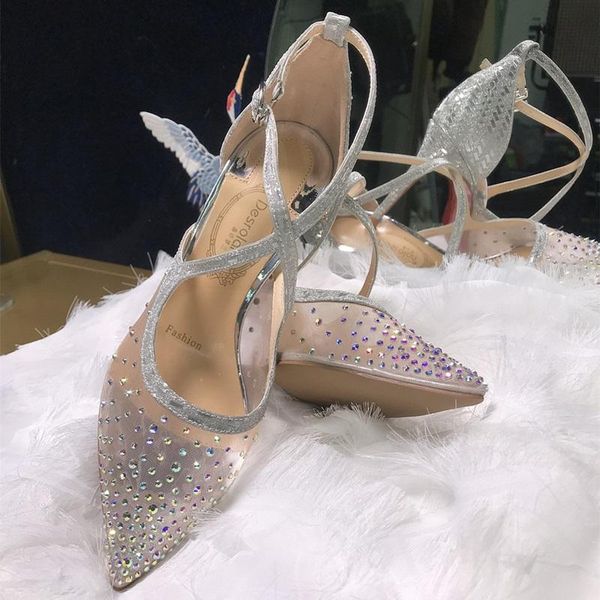

dress shoes spring pointed cross straps stiletto high-heeled mesh bridal wedding rhinestone banquet wild women's single shoe, Black