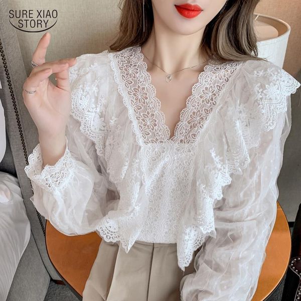 

women's blouses & shirts sweet hollow out ruffle blouse with lace autumn fashion v neck women shirt long sleeve crochet flower white b