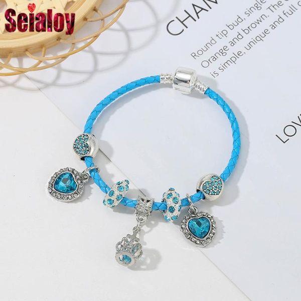 

charm bracelets seialoy fashion summer blue leather for women men cyan crystal beads cross crown pendant heart bracelet gifts, Golden;silver