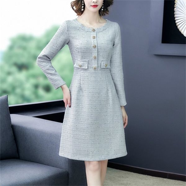 Europäische Frauen Luxuriöse Midi Damen Kleider Runde Kragen Langarm Chic Tweed Dünnes Kleid Party Vestidos Designer 210520