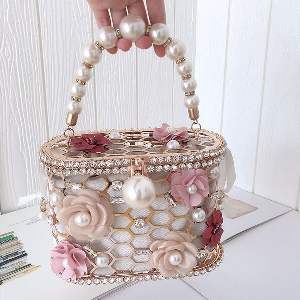 

luxury wedding clutch purse elegant flower pearl handbag for women evening bag rhinestone metal hollow party bucket bag zd1636