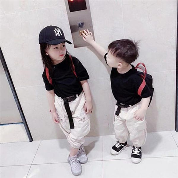 

clothing sets 2021 summer boys and girls short-sleeved casual t-shirt plus nine overalls children's 3-10 years old, White