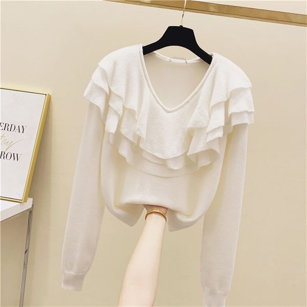 

autumn winter women's v neck luxury flouncing long sleeves knitted sweater ladies all-match pullover sweaters a3725 210519, White;black