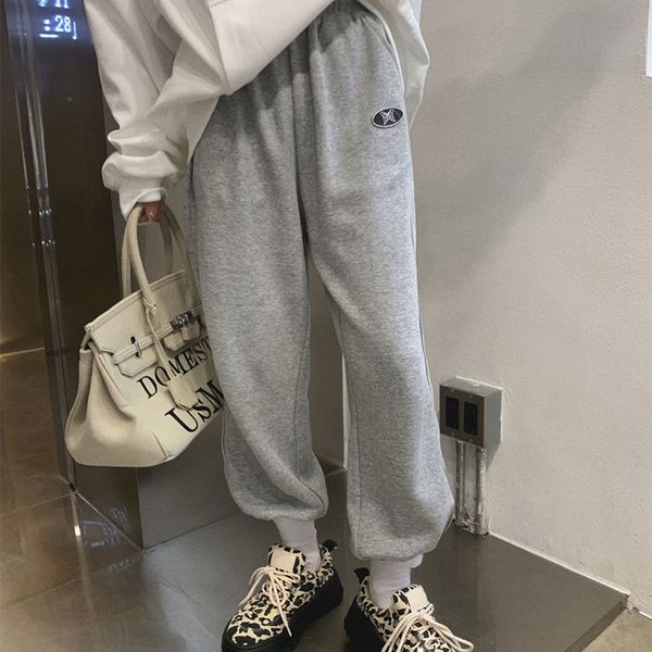 

capris 2021 spring korea fashions elastic waist cotton loose all combined casual gray harem women's pants v183, Black;white