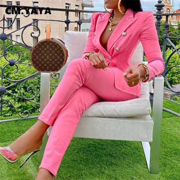 

cm.yaya autumn winter streetwear women's set long sleeve blazer pants suit office lady tracksuit two piece fitness outfits 211103, White