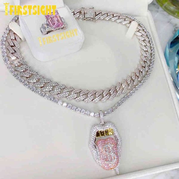 

iced out bling 5a cz mouth pendant necklace dollar symbol micro pave dripping lips silver color tennis hip hop women men