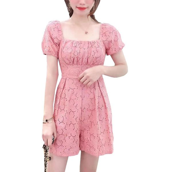 

women jumpsuits rompers hook flower hollow lace jumpsuit short sleeve female romper high waist ladies women's &, Black;white