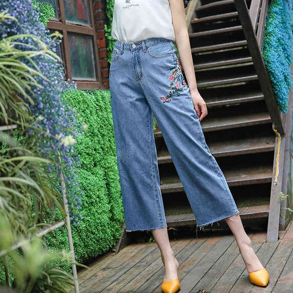 

women's jeans women 2021 spring summer floral embroidery streetwear high waist wide leg pants vintage casual loose denim trousers, Blue