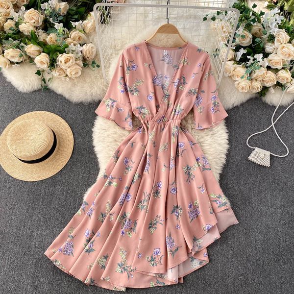 

singreiny design irregular floral dress women korean v neck flared sleeve a-line dresses summer boho print vacation beach dress 210419, Black;gray
