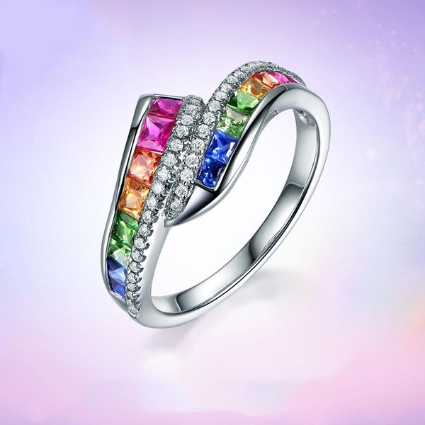 

luxury female rainbow crystal stone ring trendy square love engagement rings for women cute bridal silver color wedding, Slivery;golden