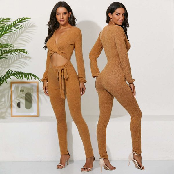 

vip2021 new women's solid color strapping open navel autumn winter jumpsuit, Black;white