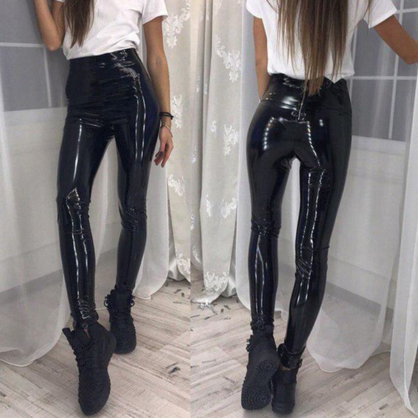 

women's pants & capris women high waist pu leather black female tight pencil elastic hip push up pant, Black;white