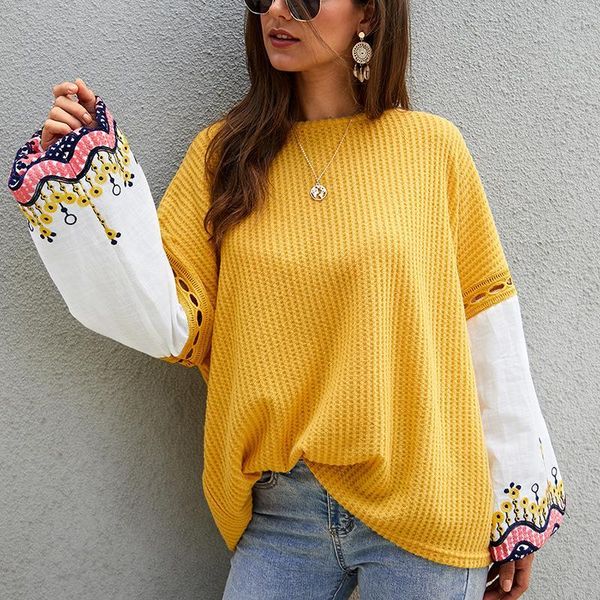 

women's sweaters autumn knitted women casual o-neck long sleeve patchwork embroidery printing loose regular for street lady w5td, White;black