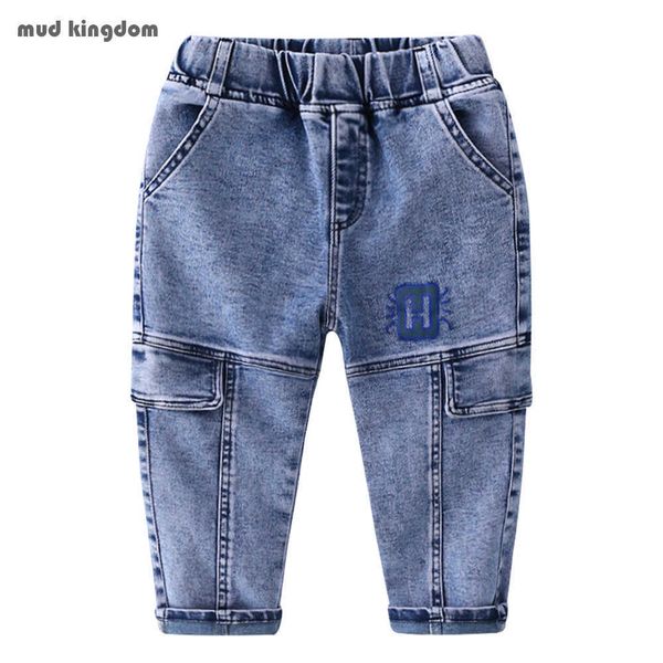

mudkingdom boys stretch jeans soild elastic waist boy denim pant fashion kids trousers 210615, Blue