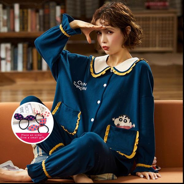 

autumn pajama set cotton womens sleepwears long sleeve cardigan loose large size women homewear cute crayon shin chan pajamas, Black;red