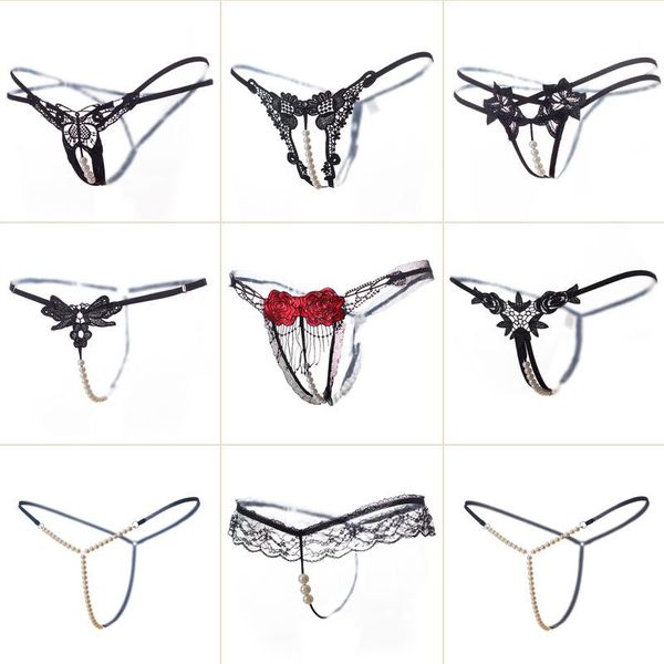 

women's panties ladies underwear transparent lace low waist open file temptation thong t pants women briefs pearl crotch, Black;pink