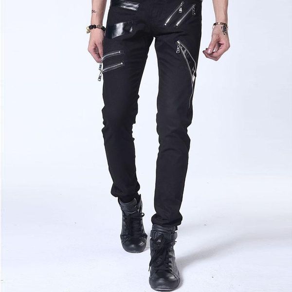 

men's pants biker men slim casual zipper youth street wear male motorcycle with iron chain, Black