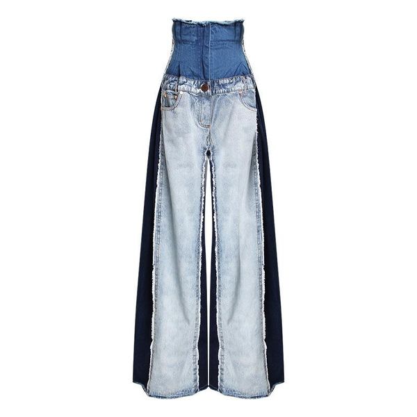 

women's jeans [deat] 2021 patchwork denim spring for female high waist wide leg korean fashion pants tide jr841, Blue