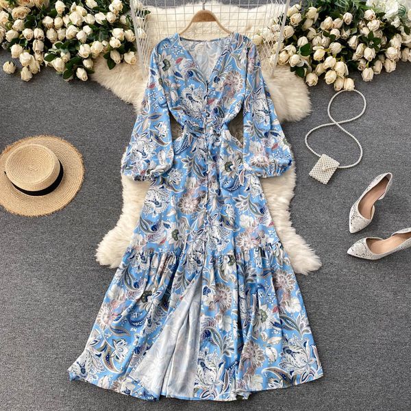 

spring fashion vestidos female temperament high-end retro print v-neck puff sleeve slim midi dress gk817 210506, Black;gray