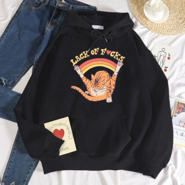 

women's hoodies & sweatshirts cute cat lack of fxxks print woman quality hoodie o-neck casual hoody autumn loose fashion male, Black