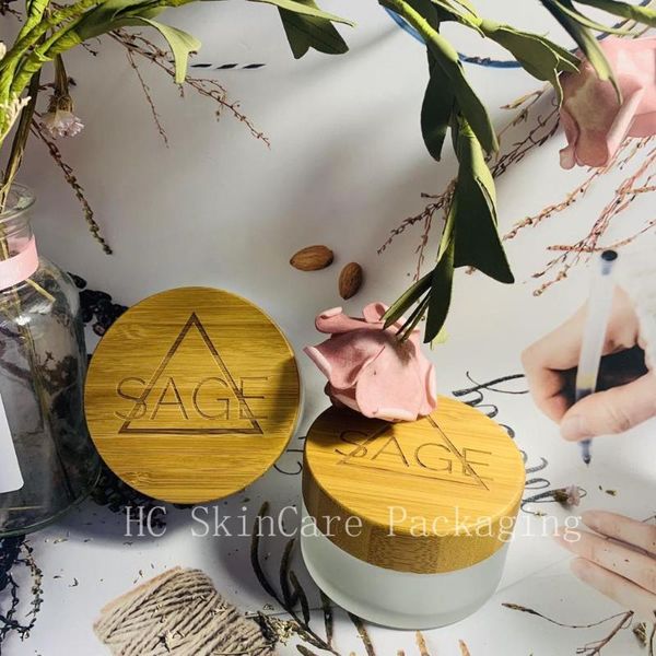 

storage bottles & jars custom logo frosted glass cream round shape skincare containers with bamboo cap for face cosmetic packaging