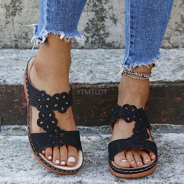 

women sandals female flower sewing platform ladies pu open toe shoes comfortable casual mujer sandalia slipers slippers, Black