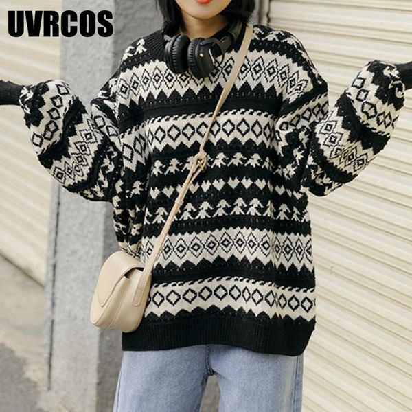 

women's sweaters uvrcos vintage women winter pullovers striped knitted sweater oversized jumper ladies casual loose long sleeve de muje, White;black