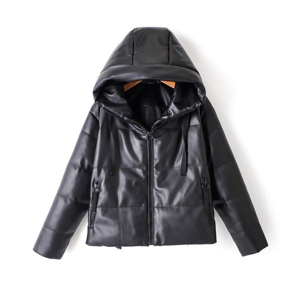 

pu leather parkas women fashion hooded faux coats ladies elegant zipper cotton jackets 210531, Black