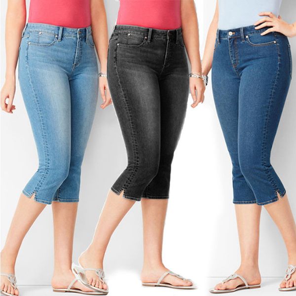 

style 4xl plus size jeans womens capri pants summer breeches mid waist washed denim shorts calf-length cotton casual clothing, Blue