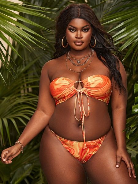 

plus fluid pattern tie front bandeau bikini swimsuit w4dn#, Black
