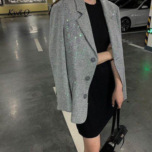 

women's suits & blazers fashion brand bling sequin grey suit coat women 2021 autumn winter korean loose versatile chic design blazer ja, White;black