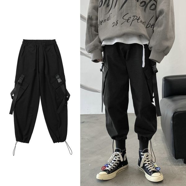 

pant spring autumn men's hip hop casual pants multi-pocket ribbons women fashion loose cargo trousers men, Black