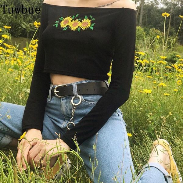 

women's blouses & shirts black harajuku full sleeve chrysanthemum graphic tee off the shoulder for women koren crop casual slim tshirt, White