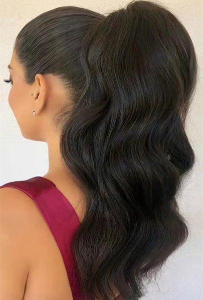 

wrap drawstring ponytail extension human hair body wave one piece clip in hair pieces for women 16 inches natural color 120g, Black