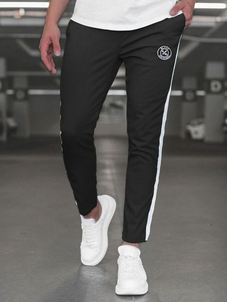 

men patch detail contrast side seam pants n8hd#, Black
