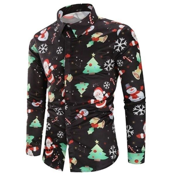 

man christmas printed shirt autumn fashion turn down collar long sleeves male casual single breasted blouse 3xl men's shirts, White;black