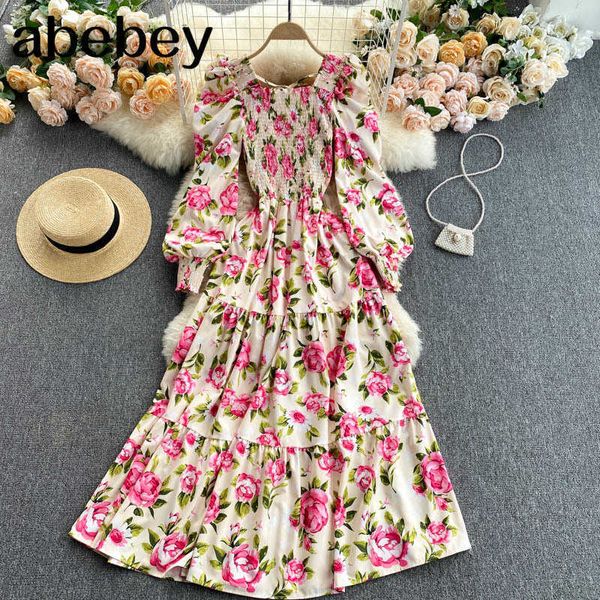 

women french retro floral dress square collar puff sleeve a-line dress spring chic bohemian print long dress 210715, Black;gray