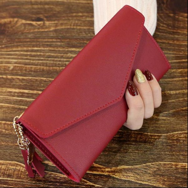 

long wallet women purses tassel fashion coin purse card holder wallets female clutch money bag pu leather, Red;black