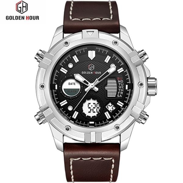 

goldenhour fasion brand men casual dual display quartz watch mens waterproof military leather wristwatches relogio masculino 210517, Slivery;brown
