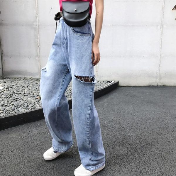 

women's pants & capris spring autumn retro slim big hole high waist casual wide leg mopping denim straight long women fashion streetwea, Black;white