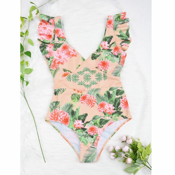 

ruffle 2021 women one piece swimsuit female swimwear bather bathing suit floral monokini swimming suit for womenswimwear bathing s, White;black