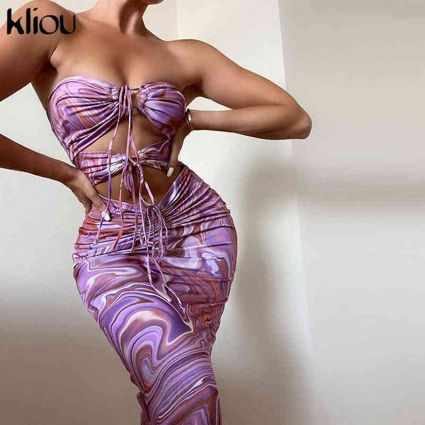 

kliou hollow out women maxi dress sleeveless o-neck spaghetti strap bandage drawstring sheath clubwear female skirts y1204, Black;gray