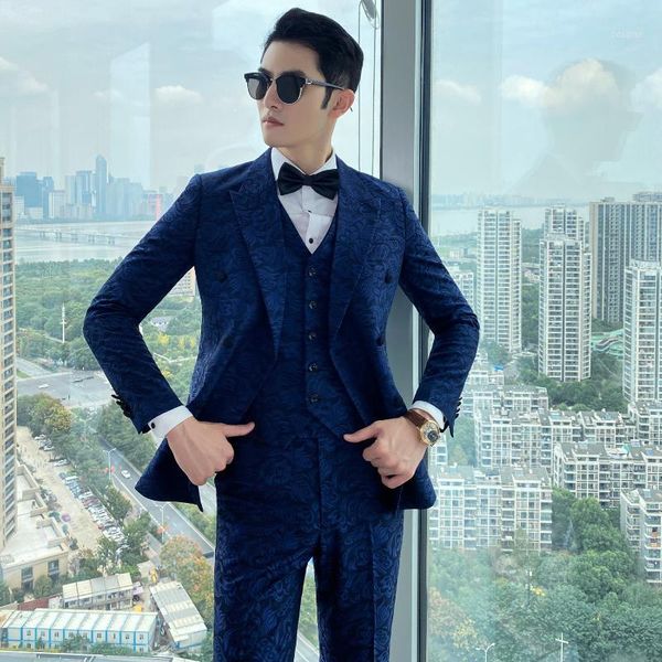 

men's suits & blazers retro social floral printed men dress 3 piece wedding suit mens business slim fit formal man blazer, White;black
