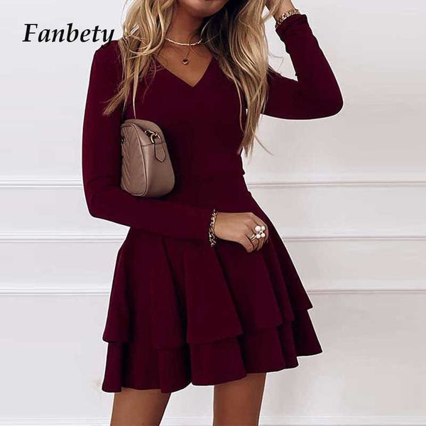 

women elegant solid color ruffle party dress autumn vintage long sleeve mini dresses office lady 2xl casual a-line dress vestido y1006, Black;gray