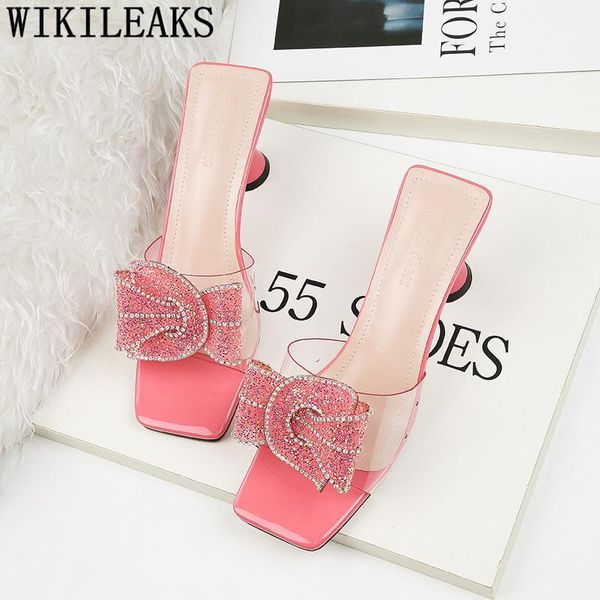 

slippers clear slides high heel summer glitter sandals transparent heels rhinestone luxury crystal shoes buty, Black