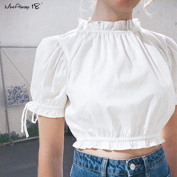 

women's blouses & shirts mnealways18 solid white ruffle blouse women summer crop short sleeve cotton casual frill lace-up chic