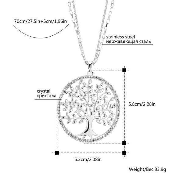 

pendant necklaces golden tree of life long necklace for women double layer chain stainless steel round fashion jewelry accessory, Silver